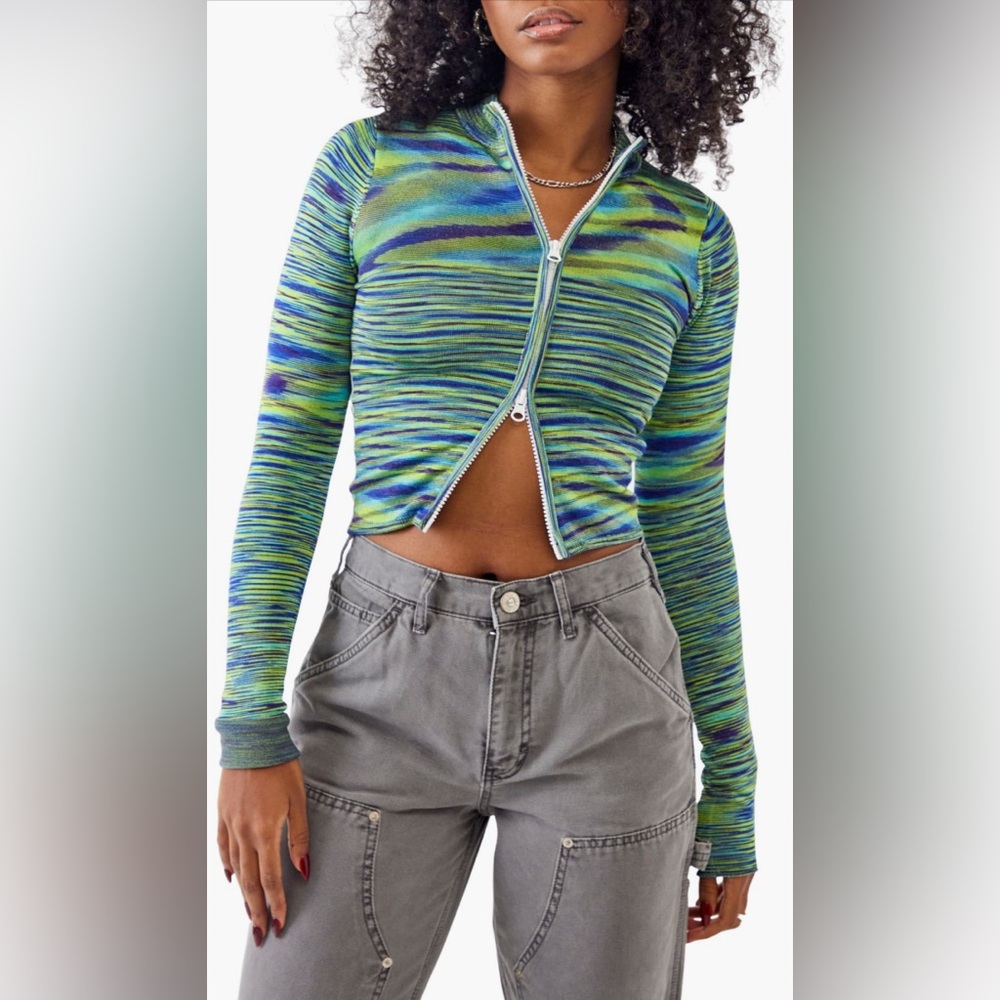 iets frans... Womens Full Zip Striped Cropped Mock‎ Neck Top XS NWOT